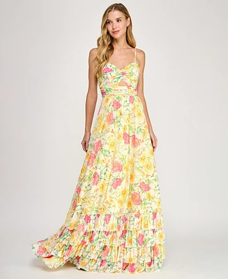 Dear Moon Juniors' Floral Ruched Cutout Gown