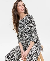 Jm Collection Women's Printed Boat-Neck 3/4 Sleeve Top, Exclusively at Macy's