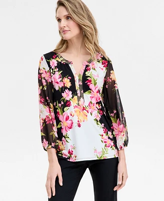 Jm Collection Women's Printed Embellished Split-Neck Top, Exclusively at Macy's