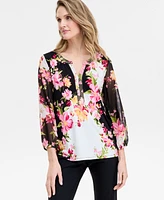Jm Collection Women's Printed Embellished Split-Neck Top, Exclusively at Macy's