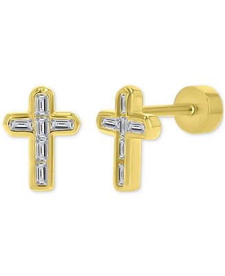 Cubic Zirconia Baguette Cross Stud Earrings in 14k Gold-Plated Sterling Silver