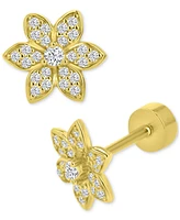 Cubic Zirconia Pave Flower Stud Earrings in 14k Gold-Plated Sterling Silver