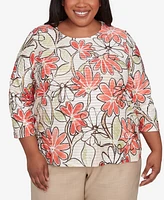 Alfred Dunner Plus Catalina Bold Island Floral Textured Crew Neck Top