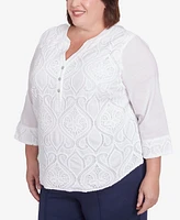 Alfred Dunner Plus Nantucket Lace Scroll Solid Henley Mandarin Collar Top