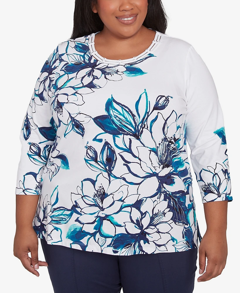 Alfred Dunner Plus Nantucket Fineline Floral Three Quarter Sleeve Top