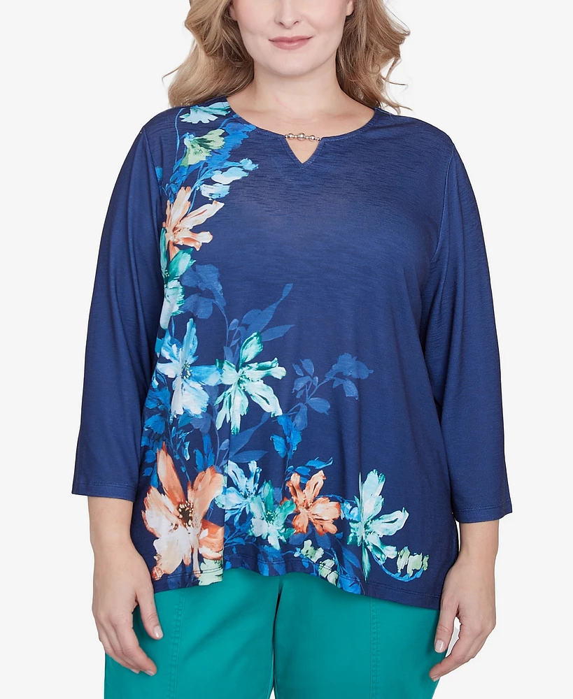 Alfred Dunner Plus Nantucket Asymmetric Floral Beaded Split Neck Top