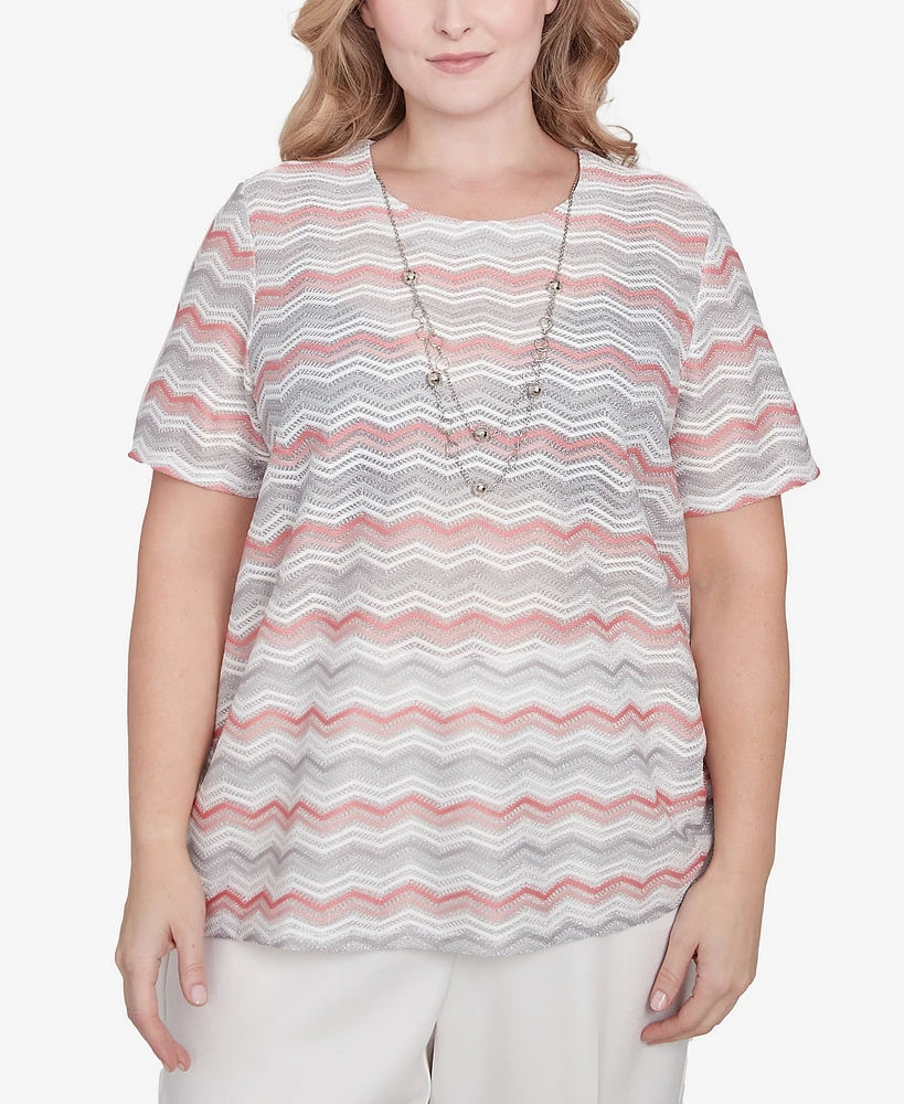 Alfred Dunner Plus Estate of Mind Chevron Shimmer Crew Neck T-Shirt with Necklace