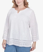 Alfred Dunner Plus Flower Power Floral Embroidered Eyelet Trim Top