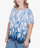 Alfred Dunner Plus Flower Power Tulip Border Knotted Neckline T-Shirt