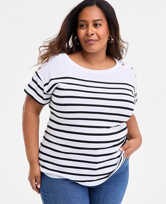 Style & Co Plus Stripe Button-Trim T-Shirt, Exclusively at Macy's