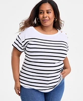 Style & Co Plus Stripe Button-Trim T-Shirt, Exclusively at Macy's