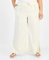 Bar Iii Trendy Plus Split-Hem Wide Linen Pants, Exclusively at Macy's