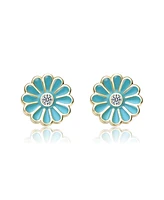 GiGiGirl Sterling Silver 14K Gold Plated with Clear Cubic Zirconia & Blue Enamel Flower Stud Earrings