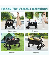 2 Seater Push Pull Collapsible Kids Wagon Stroller with Adjustable Handlebars