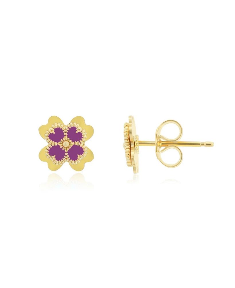 The Lovery Dark Purple Enamel Four Leaf Clover Stud Earrings 14K Gold