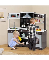 Pretend Play Wooden Kitchen Toy Set with Range Hood Real Sounds and Lights for Kids