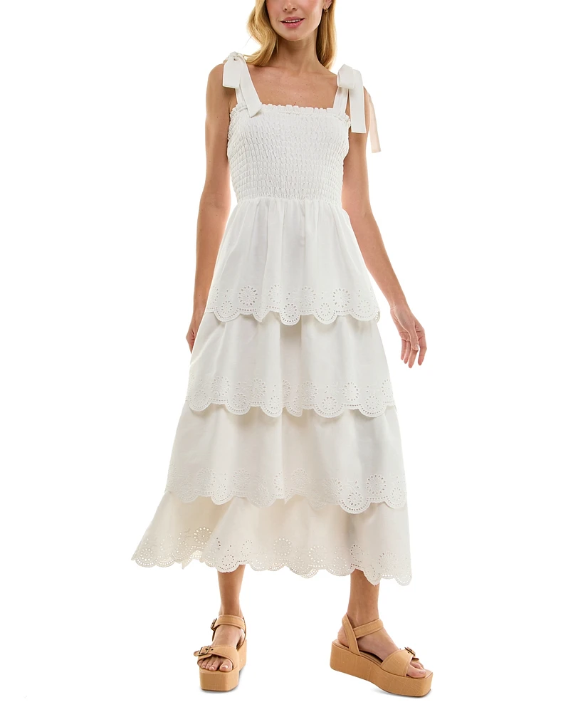 Crystal Doll Juniors' Eyelet Smocked-Bodice Scalloped Midi Dress