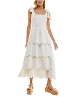 Crystal Doll Juniors' Eyelet Smocked-Bodice Scalloped Midi Dress