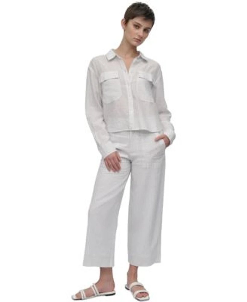 Dkny Jeans Womens Linen Blend Cropped Long Sleeve Shirt Cropped Wide Legpants
