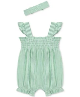 Little Me Baby Girls Cotton Striped Floral Bubble Romper & Headband, 2 Piece Set
