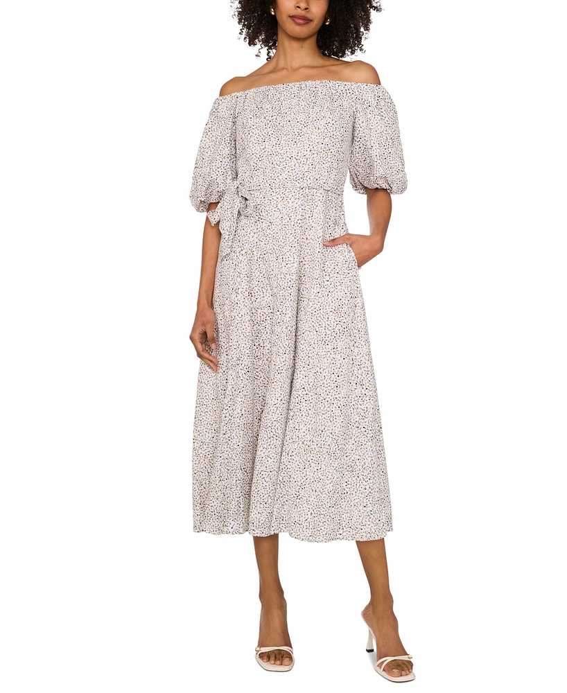 Vince Camuto Women's Printed Linen-Blend Off-The-Shoulder Puff-Sleeve Midi Dress