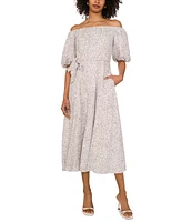 Vince Camuto Women's Printed Linen-Blend Off-The-Shoulder Puff-Sleeve Midi Dress