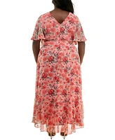 Taylor Plus Floral-Print Flutter-Sleeve Maxi Dress