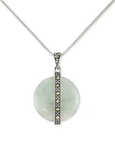 Jade & Marcasite Round Disc & Vertical Bar 18" Pendant Necklace in Sterling Silver