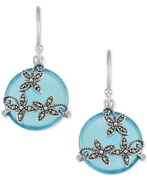 Blue Agate & Marcasite Flower Disc Drop Earrings in Sterling Silver