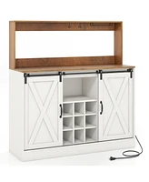 Farmhouse Coffee Bar Cabinet with Charging Station and Sliding Barn Doors