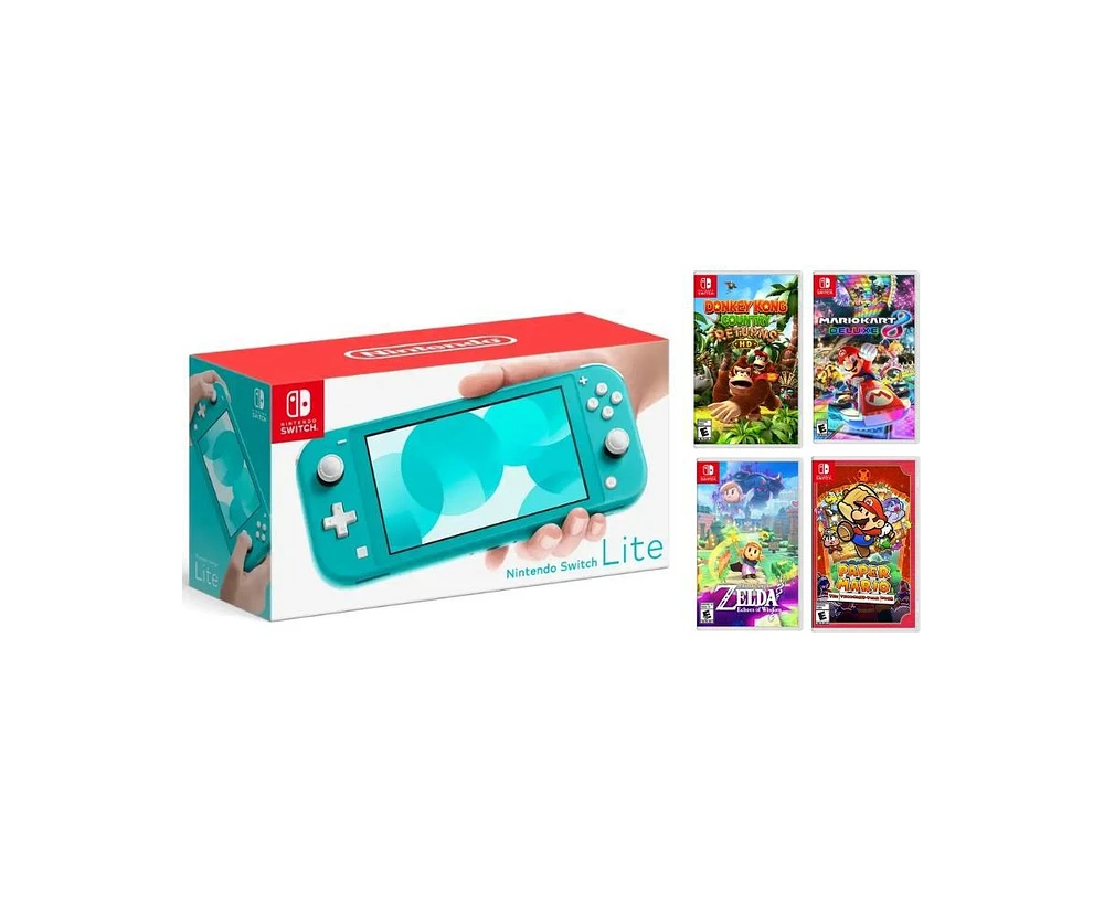 Nintendo Switch Lite Turquiose Kids Bundle With Donkey Kong, Zelda, Mario Kart, & Paper Mario