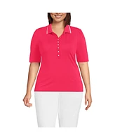 Lands' End Women's Plus Elbow Sleeve Lightweight Jersey Embellished Polo