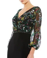 Women's Embroidered Illusion Puff Sleeve Column Gown