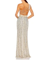 Women's Sequined One Shoulder Draped Lace Up Gown