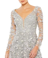 Women's Floral Applique Long Sleeve Illusion Gown