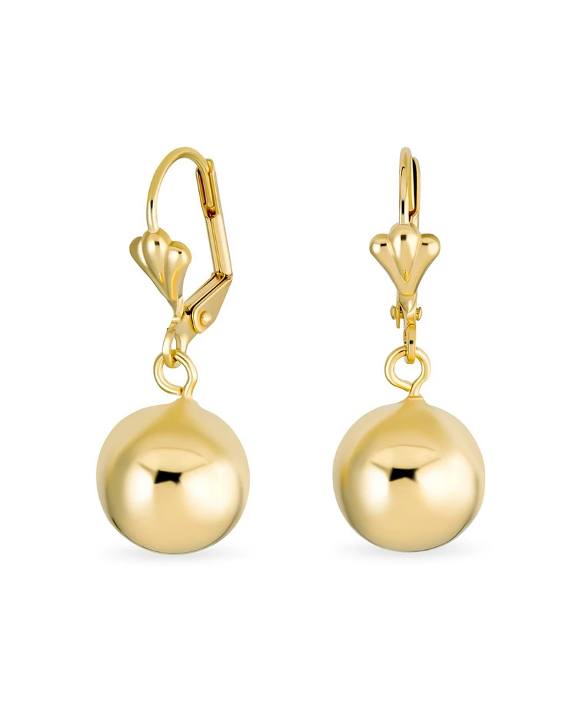 Bling Jewelry Classic Elegant Simple Round Light Weight Dangle Lever Back Drop Ball Earrings Yellow 18K Gold Plated Brass 12MM