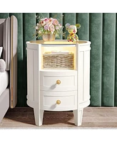 Tribesigns Oval Nightstand No Assembly, 2-Drawer Led Nightstand with Glass Tabletop,Modern White Nightstand Round Night Stand Side Table for Bedroom