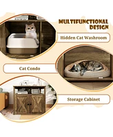 Cat Litter Box Enclosure with Double Barn Doors, Divider, Side Entry & Storage Shelf Stylish & Functional