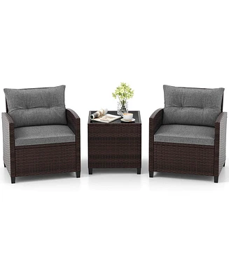 Gymax Set of 3 Rattan Furniture Patio Cushioned Conversation Sofa