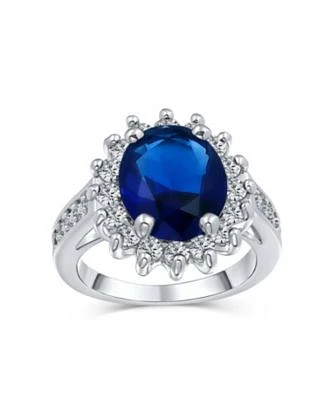 Bling Jewelry Classic Traditional 5CTW Royal Blue Cz Crown Halo Oval Cubic Zirconia Side Stones Promise Ring Silver Plated