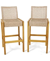 Gymax Wicker Bar Stools Set of 2 Patio Chairs w/ Solid Wood Frame Ergonomic Footrest