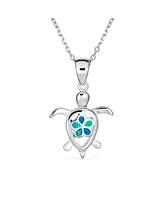 Bling Jewelry Nautical Plumeria Flower Blue Opal Sea Turtle Pendant Necklace Sterling Silver