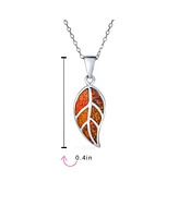 Bling Jewelry Created Blue Brown Fire Opal Inlay Nature Leaf Pendant Necklace Western Jewelry .925 Sterling Silver