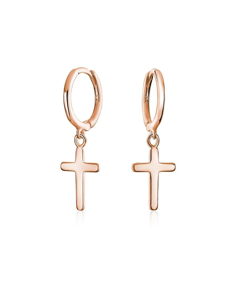 Bling Jewelry Small Religious Cross Dangle Earrings Rose Gold Plated Sterling Silver Huggie