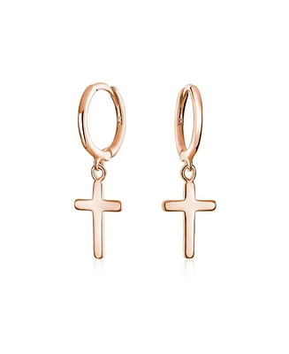 Bling Jewelry Small Religious Cross Dangle Earrings Rose Gold Plated Sterling Silver Huggie