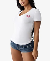 True Religion Women's Ss Crystal Logo V Neck T-Shirt