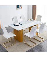 Simplie Fun Table and chair set.Large modern rectangular table with 0.4 inch patterned glass tabletop and large Mdf table legs.Comes with 6 chairs wit