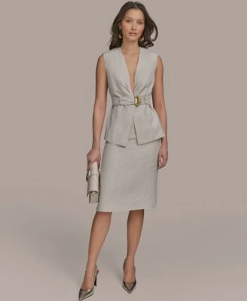 Donna Karan New York Womens Belted Linen Blend Vest Pencil Skirt