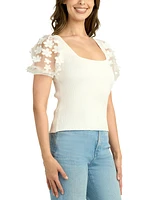 Bcx Juniors' Embellished Woven Sleeve Scoop Neck Top