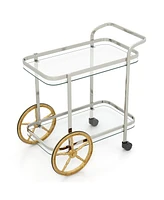 2-Tier Tempered Glass Bar Cart with 2 Large Aluminum Wheels and 2 Rolling Casters